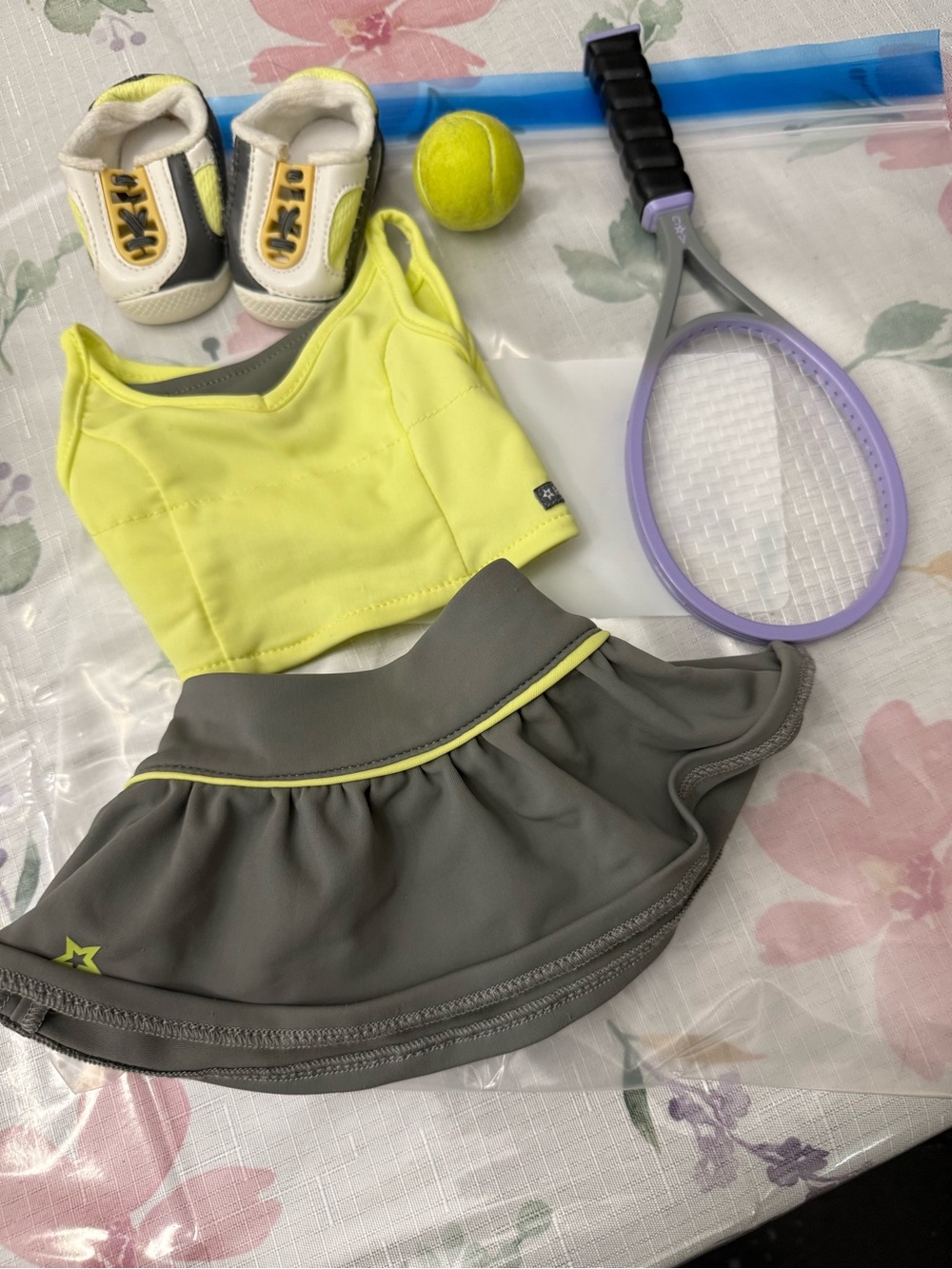 American Girl Tennis Skirt and Top Set in Yellow and Grey + Racket